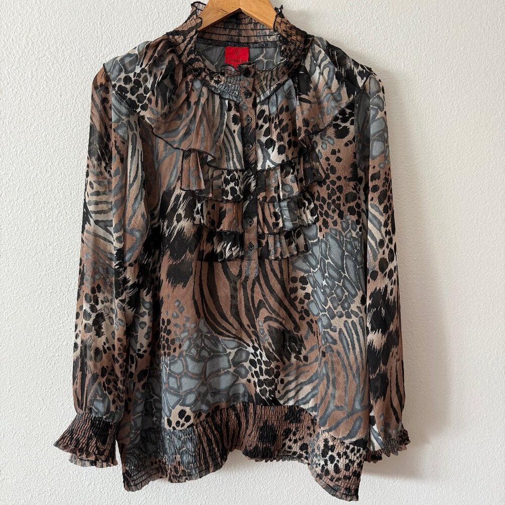 V Cristina‎ Unique Sheer Animal Print Ruffled Blouse Size L